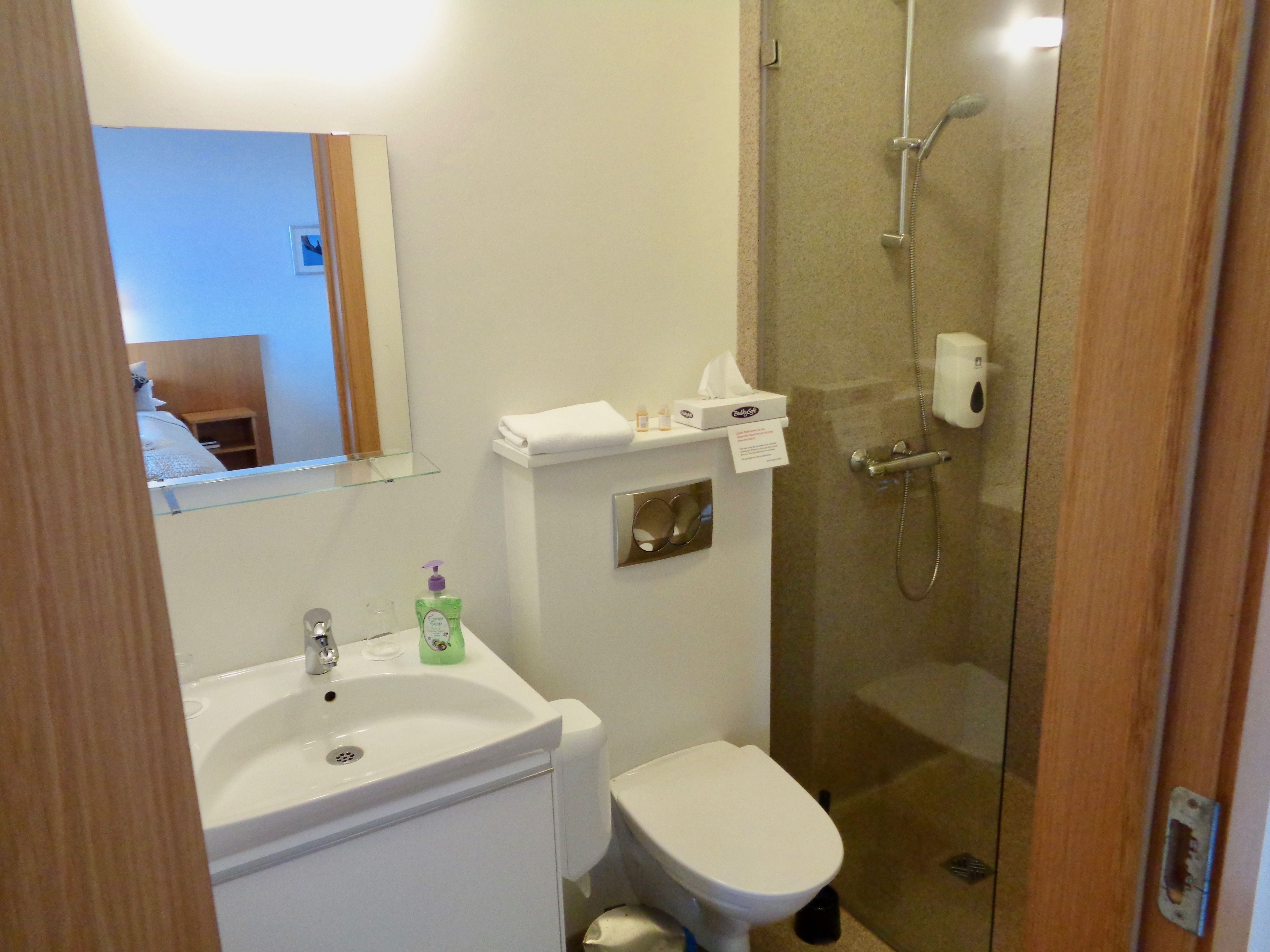 shower, free toiletries, hair dryer, towels