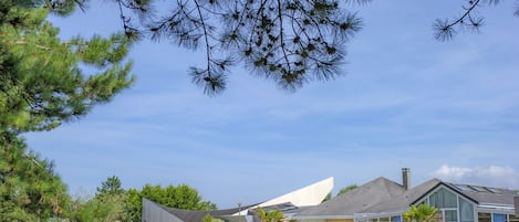 Piscine extérieure, parasols de plage, chaises longues