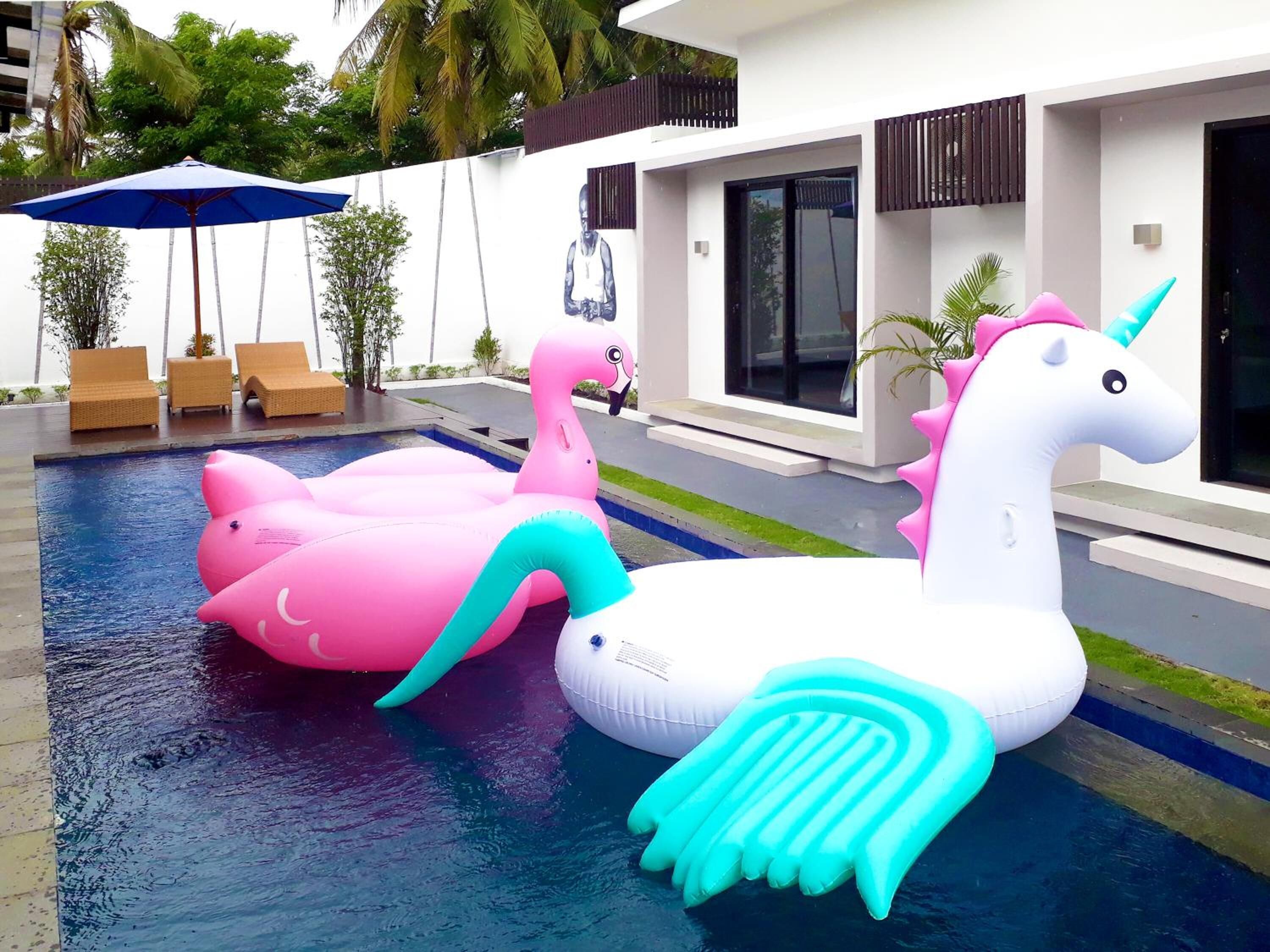 A swimming pool with inflatable unicorn floats.