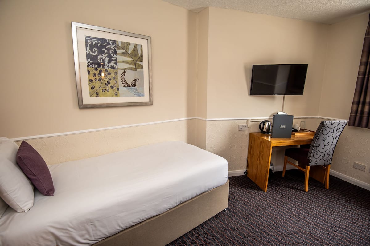 A hotel room with a bed, a desk with a computer, a TV, and a framed picture on the wall.