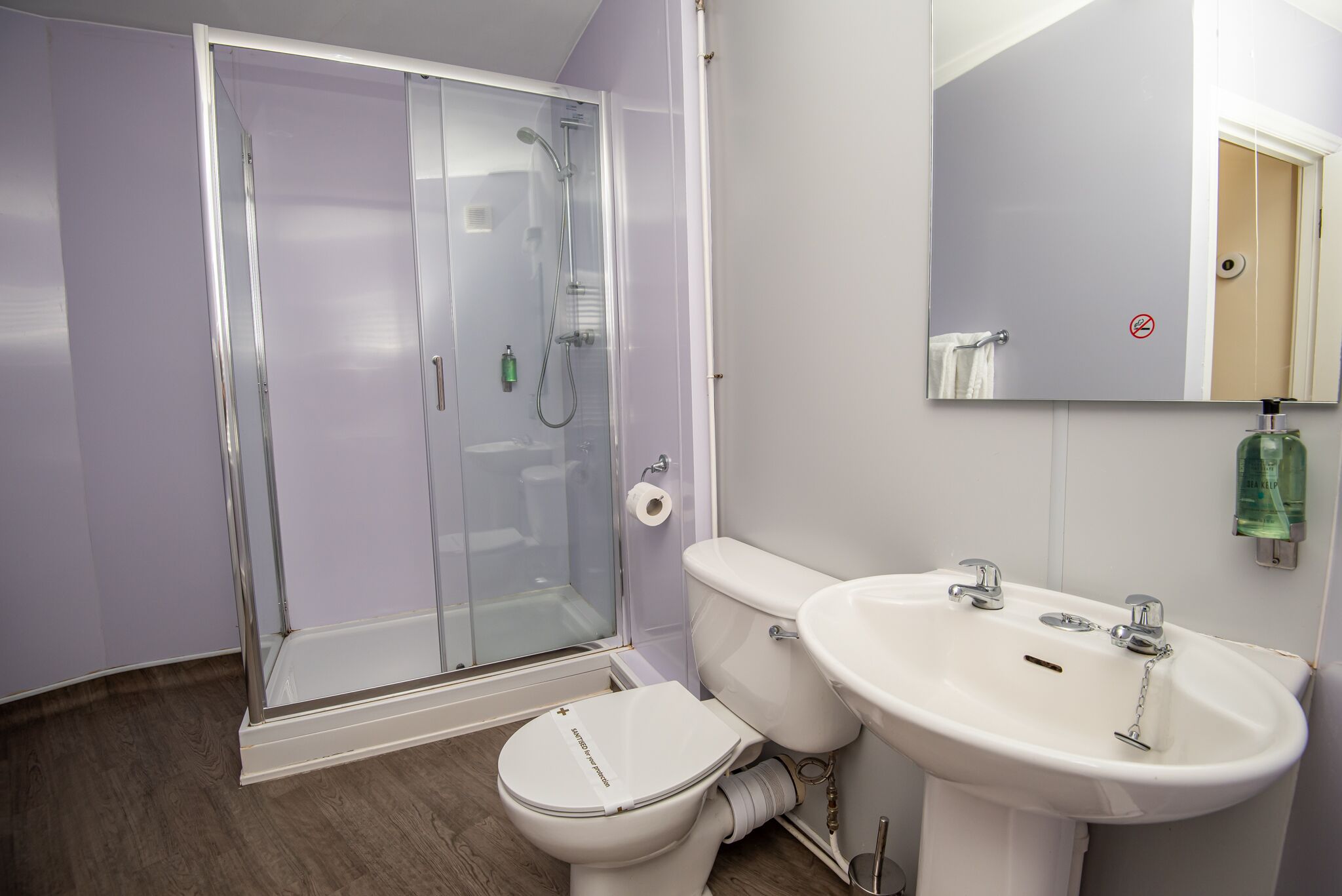 A bathroom with a glass shower enclosure, a toilet, and a sink with a mirror above it.