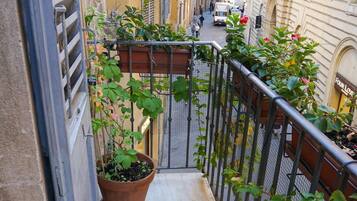A narrow balcony with a potted plant, a metal railing, and a view of a street with buildings and a truck.
