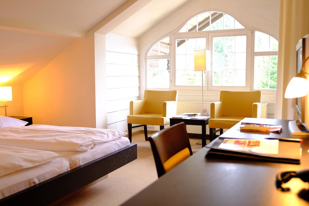 basic double room, mountain view, garden area | premium bedding, in-room safe, desk, laptop workspace