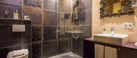 A modern bathroom with a glass-enclosed shower, a toilet, and a vanity with a mirror.