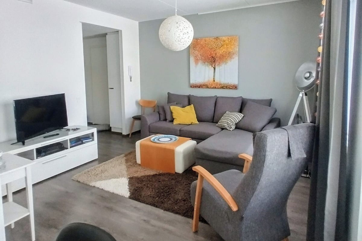 A modern living room with a grey sofa, a coffee table, a TV on a white stand, and a painting on the wall.