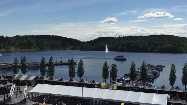 Une vue sur le lac, avec un quai, des bateaux et une fontaine.