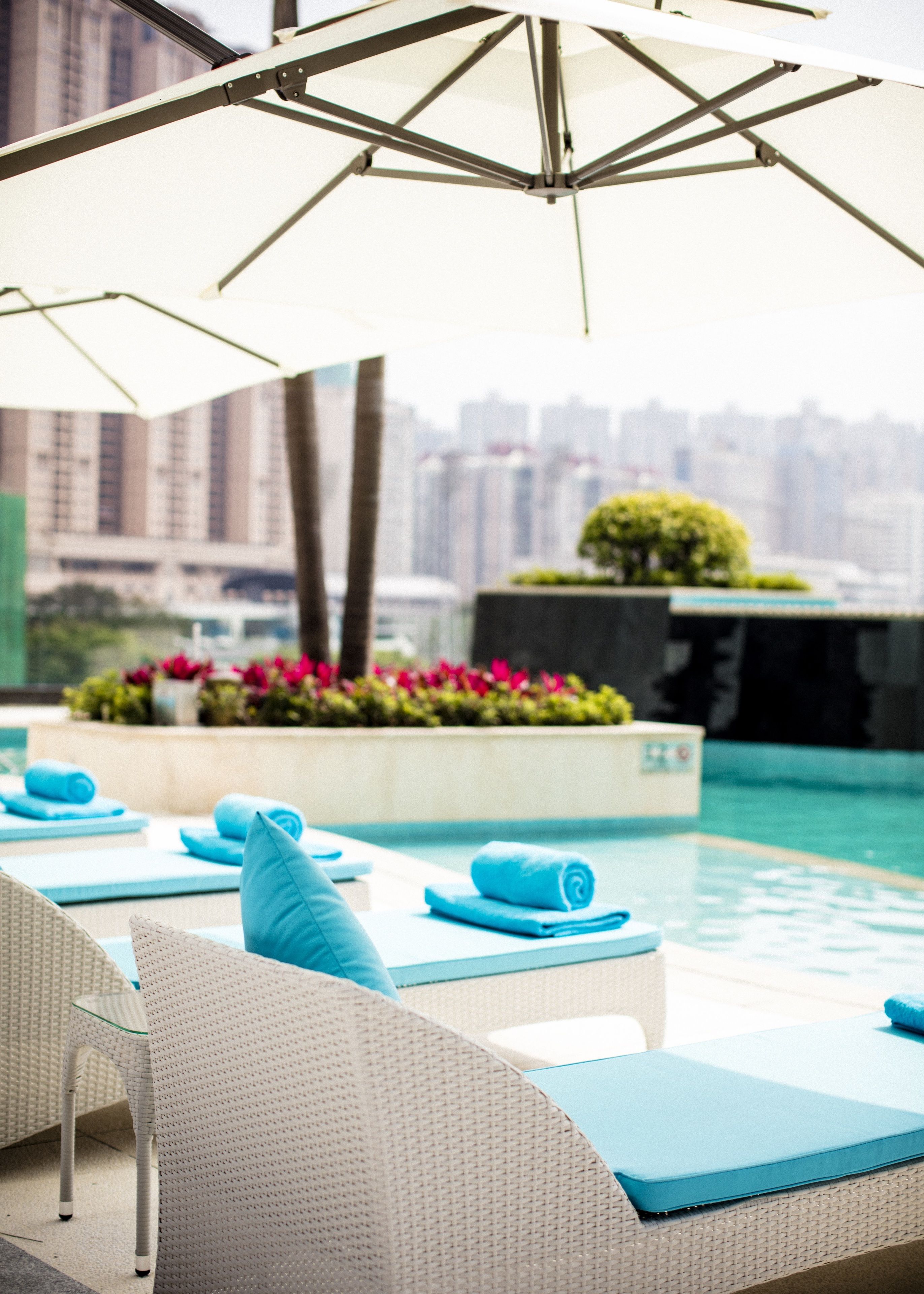 Outdoor pool, pool umbrellas, pool loungers