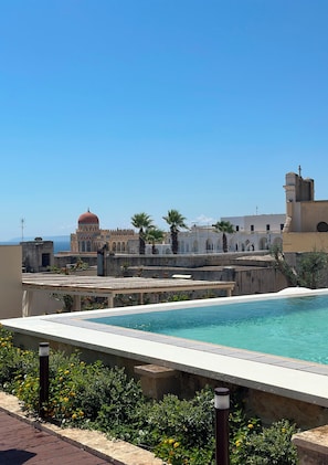 Piscina no terraço com vista desobstruída para um edifício histórico com cúpula e arcos ao fundo.
