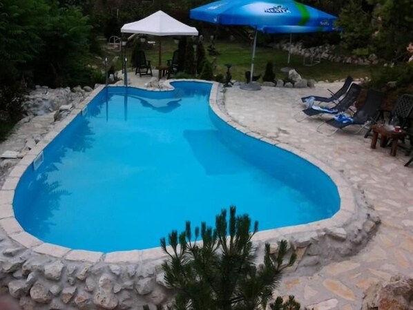 Indoor pool, outdoor pool, pool umbrellas, pool loungers