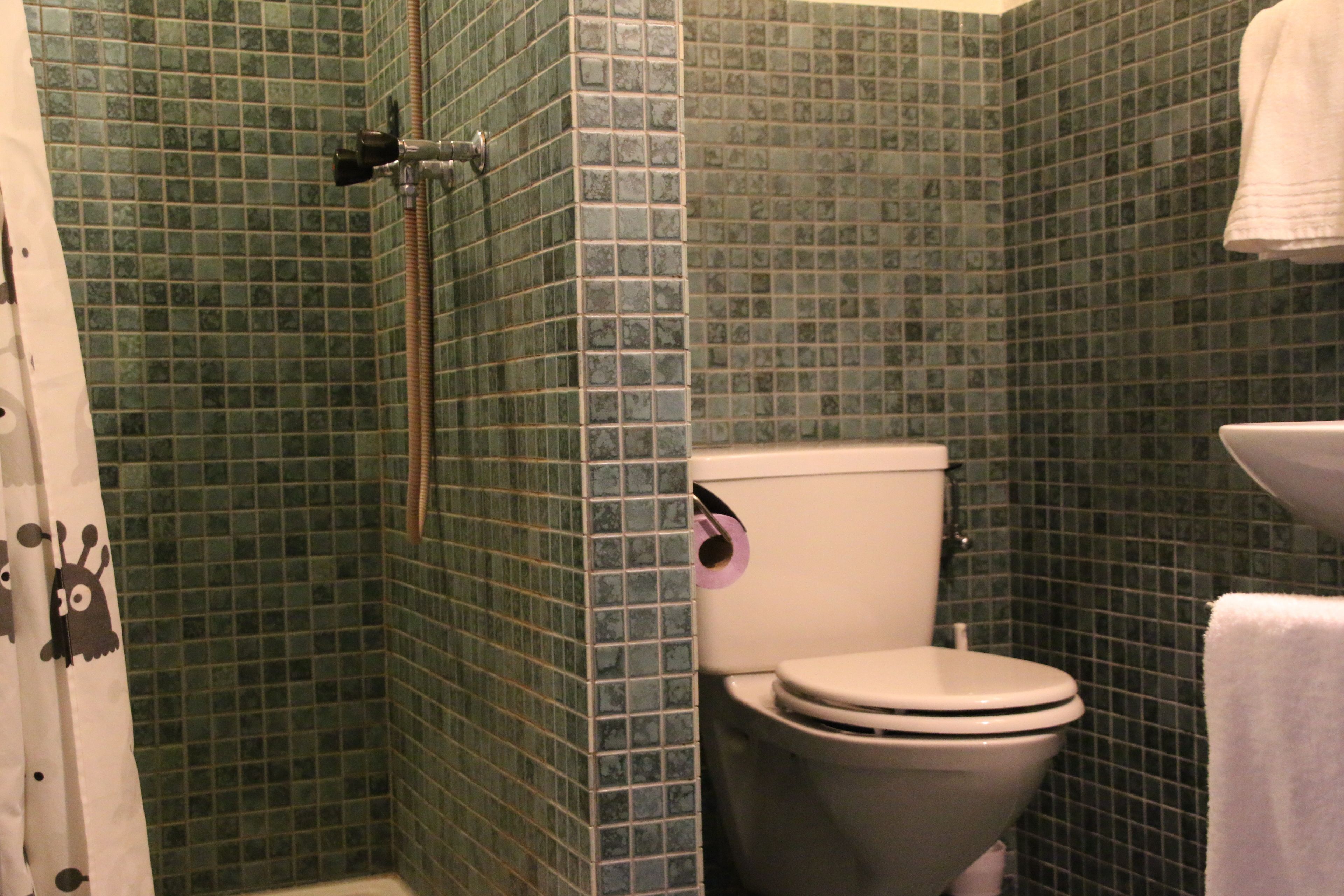 A bathroom with green mosaic tiles, a toilet, a shower, and a white towel hanging on the wall.