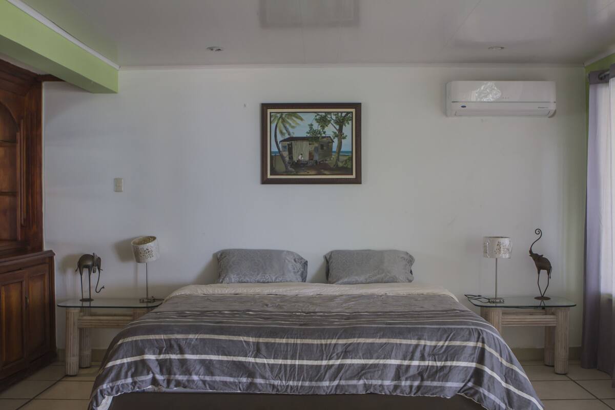 Een slaapkamer met een bed, twee nachtkastjes, een wandairconditioner en een ingelijste foto.