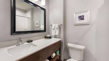 A bathroom with a white sink, a large mirror, a toilet, and a framed picture on the wall.