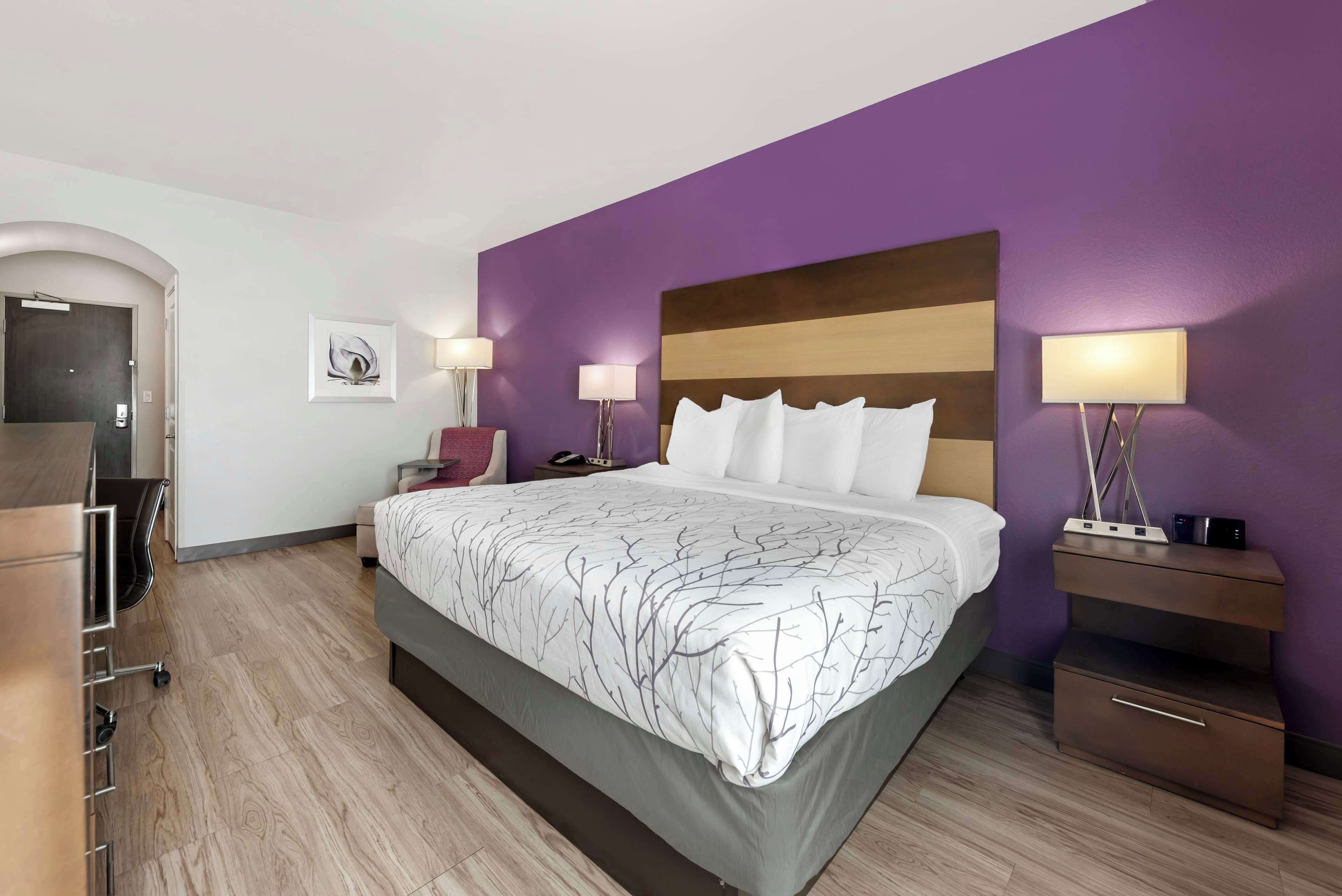 A modern hotel room with a large bed, a nightstand, a desk, and a chair.