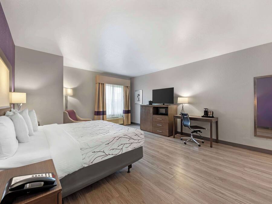 Habitación de hotel con una cama grande, un escritorio con computadora, una silla, televisor y teléfono.