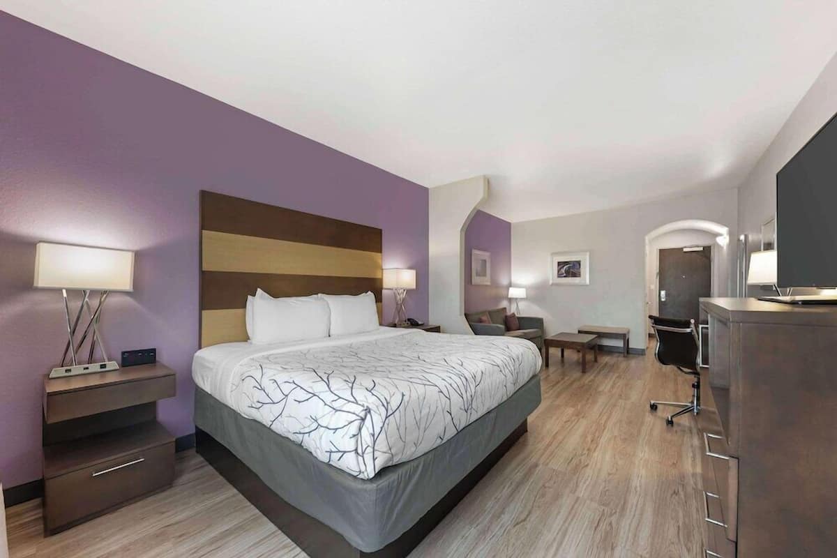 Una habitación de hotel con cama, mesitas de noche, escritorio y silla.