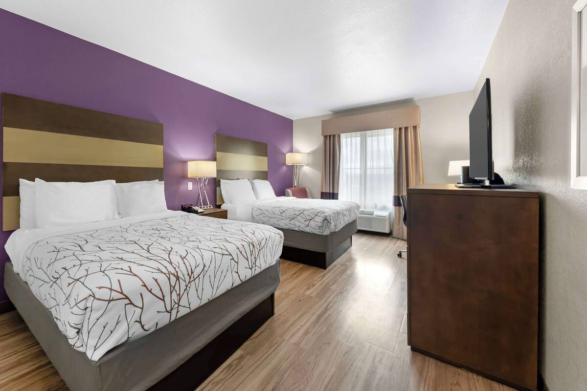 A hotel room with two beds, a television, and a desk.