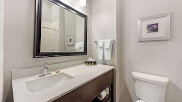 Un bany amb un lavabo blanc, un mirall, un vàter i un quadre encimbellat a la paret.