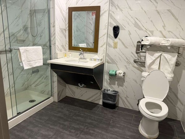 A bathroom with a glass shower enclosure, a sink with a mirror, a toilet, and a towel rack.