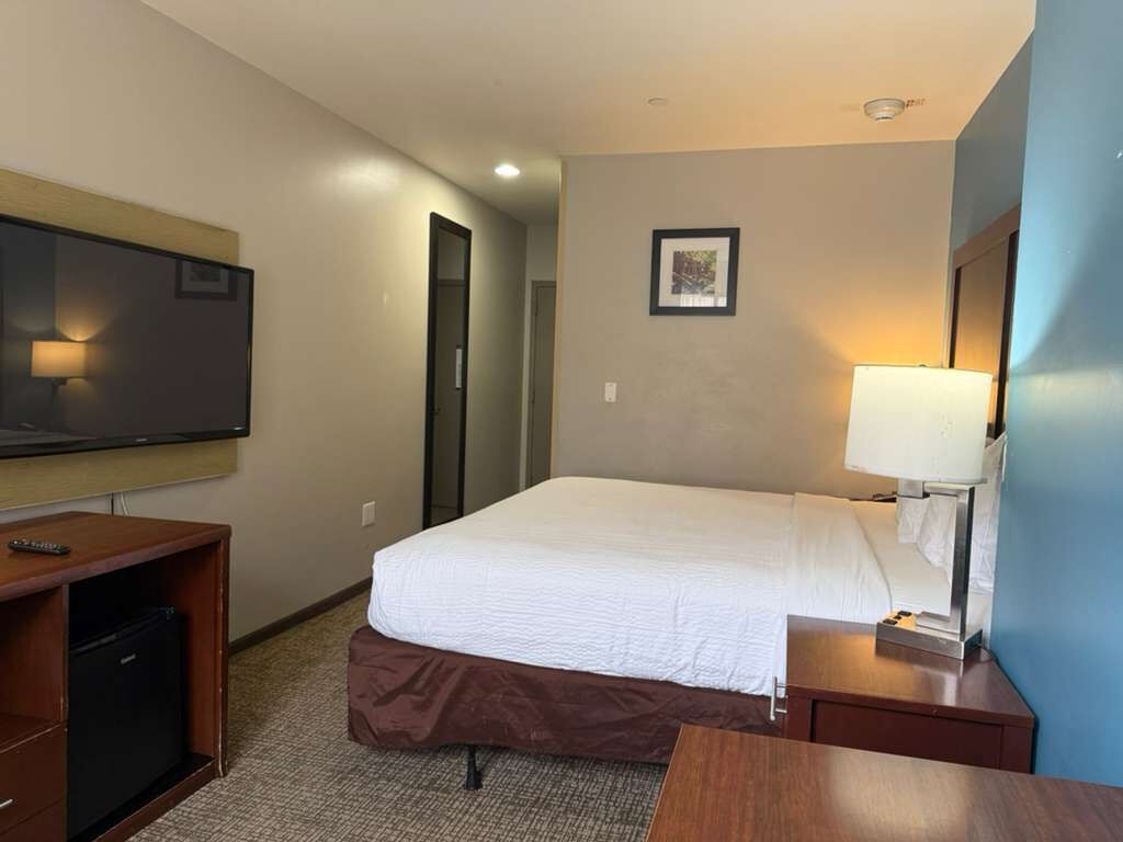 Habitació d'hotel amb un llit, una taula de treball, una televisió i una làmpada.