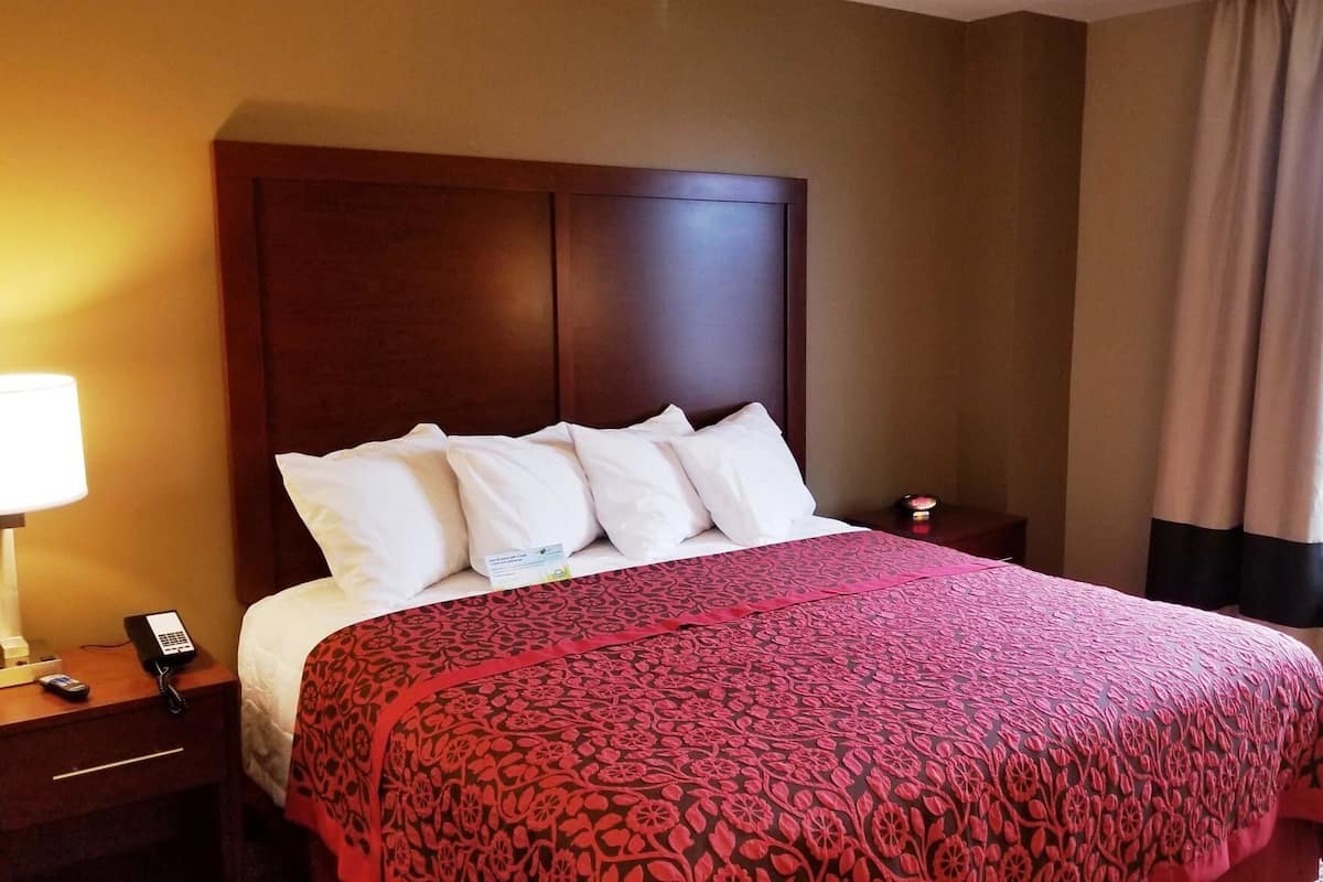 Une chambre d’hôtel avec un grand lit, une tête de lit en bois, une table de chevet avec une lampe et un téléphone, et une petite table de nuit agrémentée d’un objet décoratif.