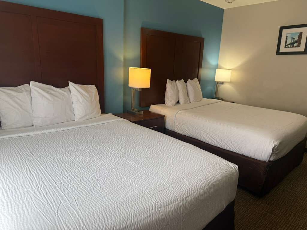 Two single beds with wooden headboards, a nightstand with a lamp, and a framed picture on the wall.