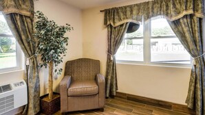 A corner room with a patterned armchair, a potted plant, and a window with curtains. - Rodeway Inn Middleboro - Plymouth (Middleborough)