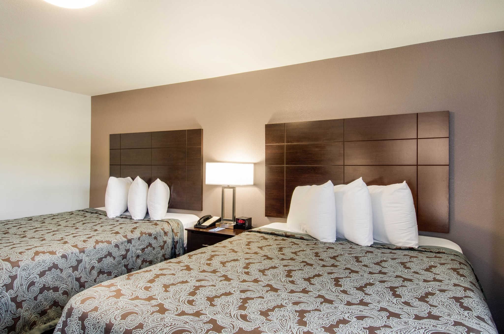 Habitación de hotel con dos camas, cada una con ropa de cama estampada, una mesita de noche con lámpara y teléfono.