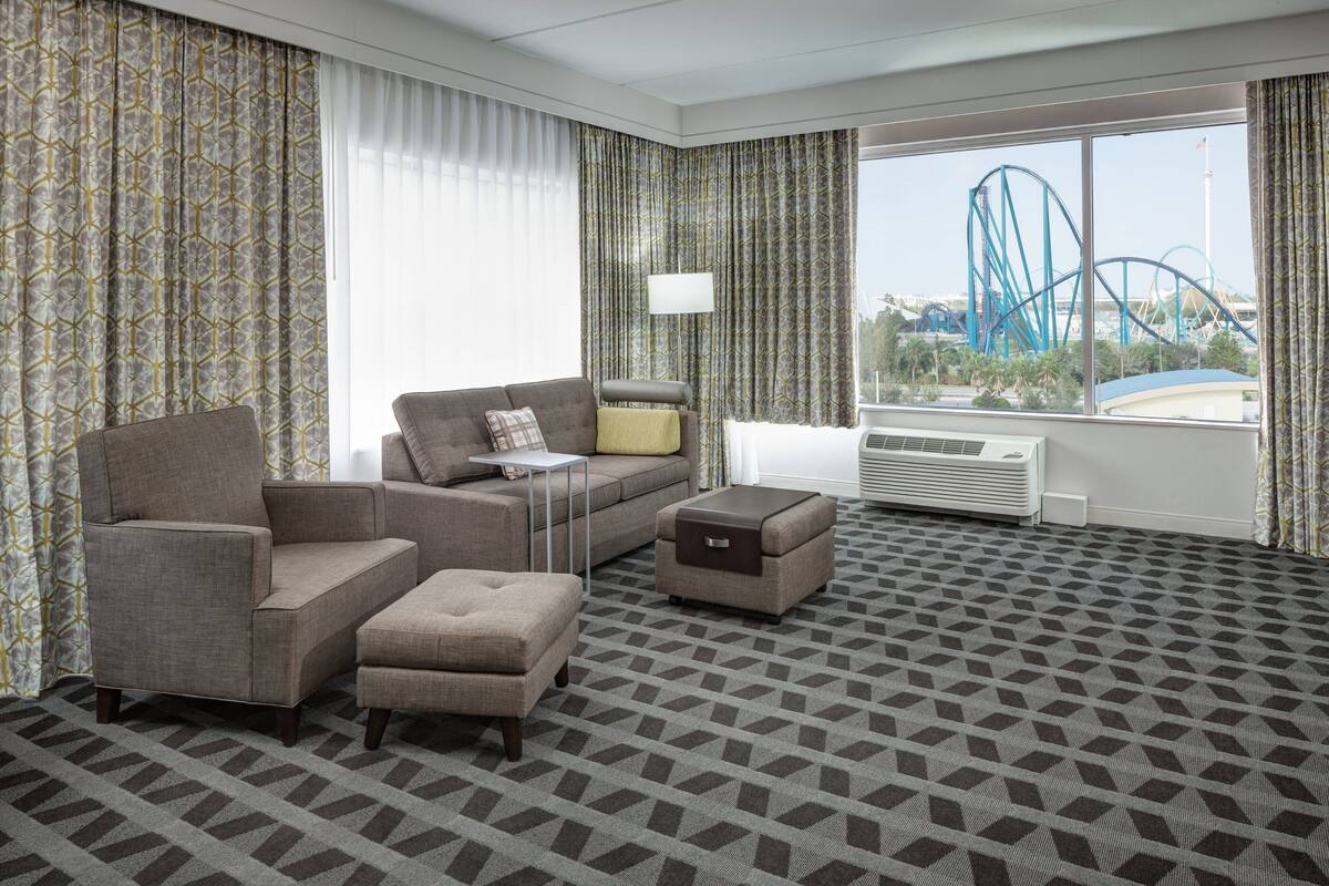 A hotel room with a patterned carpet, a sofa set, a small table, a lamp, and a view of a roller coaster.