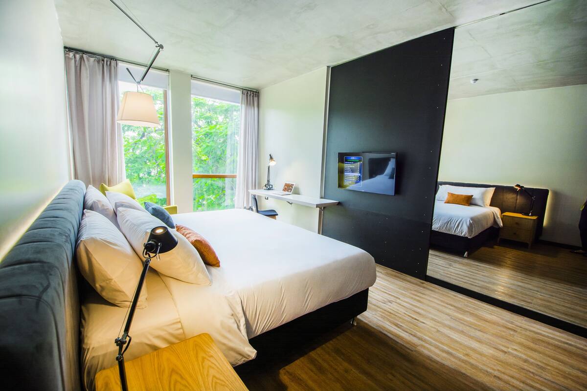 A modern hotel room with a large bed, a desk, a TV, and a view of greenery.
