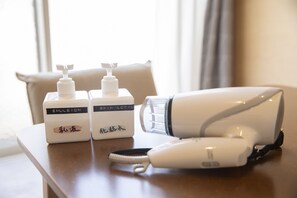 Combined shower/bathtub, free toiletries, hair dryer, slippers
