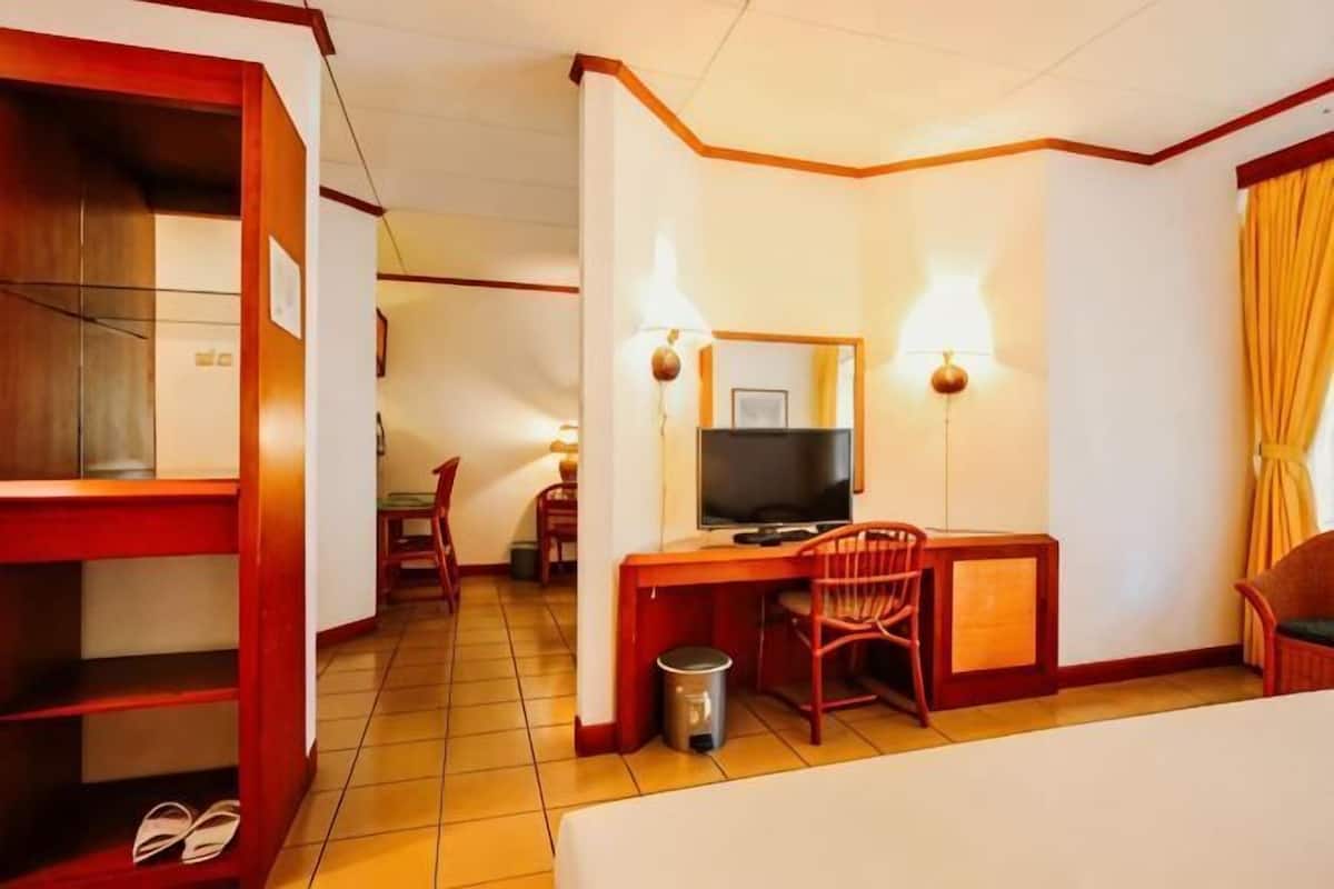 A hotel room with a bed, desk, TV, and a small trash bin.