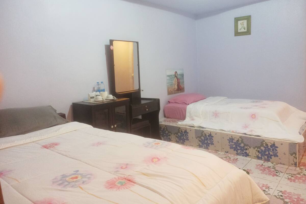 Une chambre avec deux lits, une commode, un miroir et une petite table avec des articles de toilette.