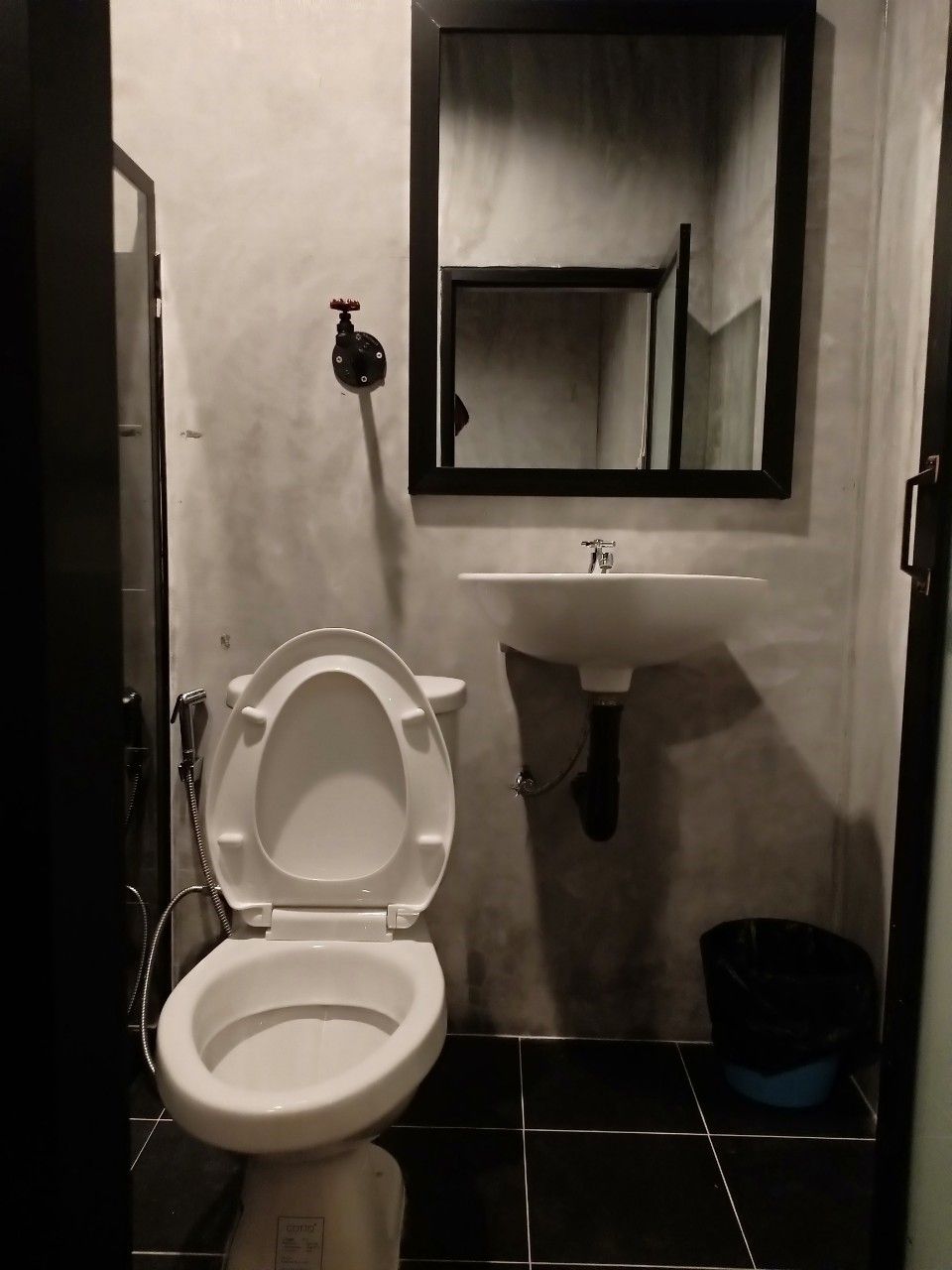 A bathroom with a toilet, sink, and mirror.