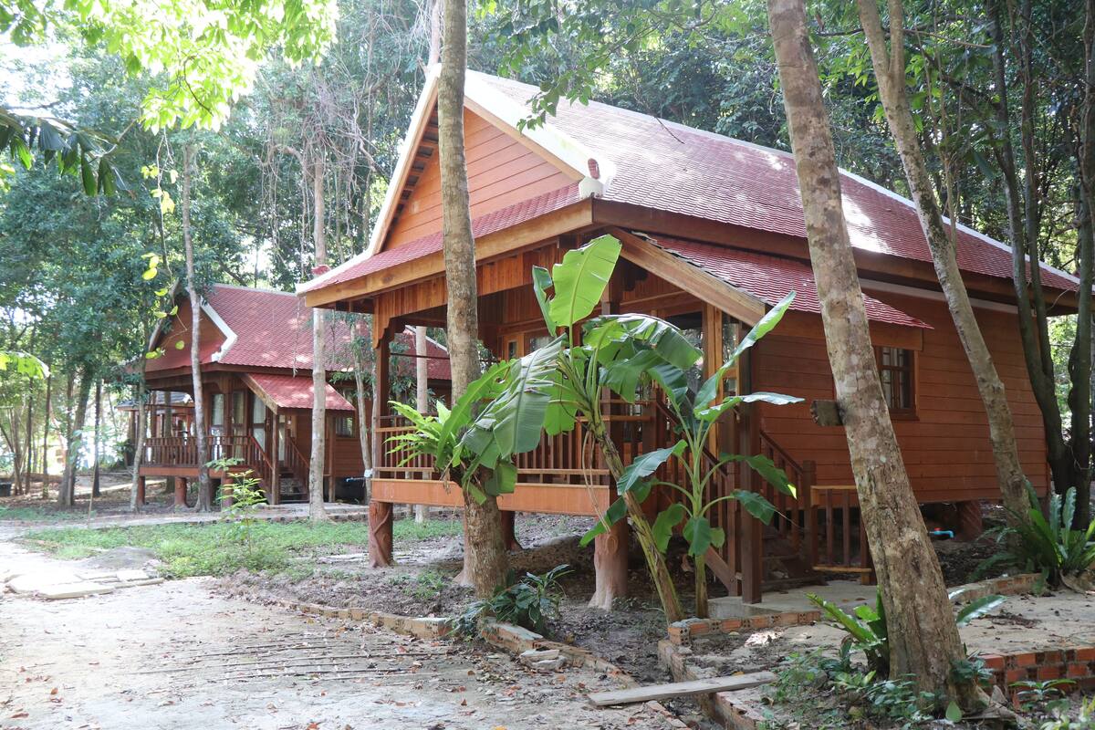 A wooden cabin with a sloped roof, surrounded by trees and vegetation.