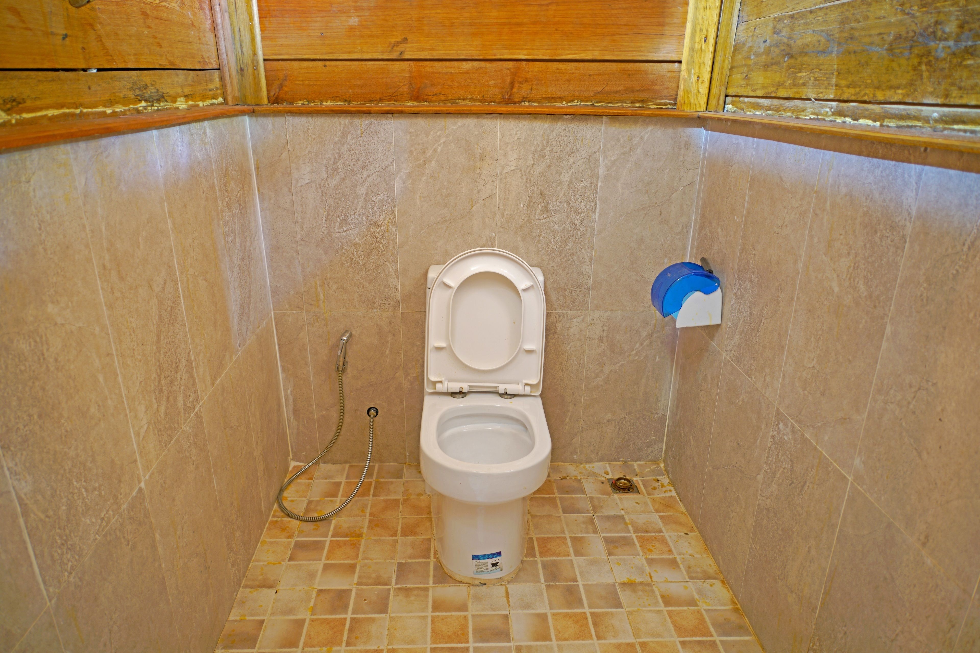 A small bathroom with a toilet, a shower hose, and a blue toilet paper holder.