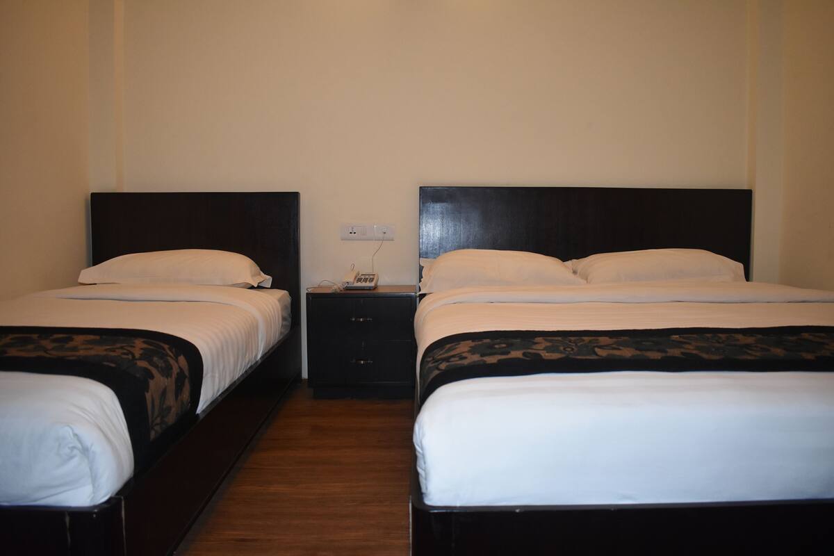 Two single beds with dark headboards, white bedding, and a small bedside table with a phone.