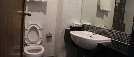 A bathroom with a toilet, sink, and a mirror.