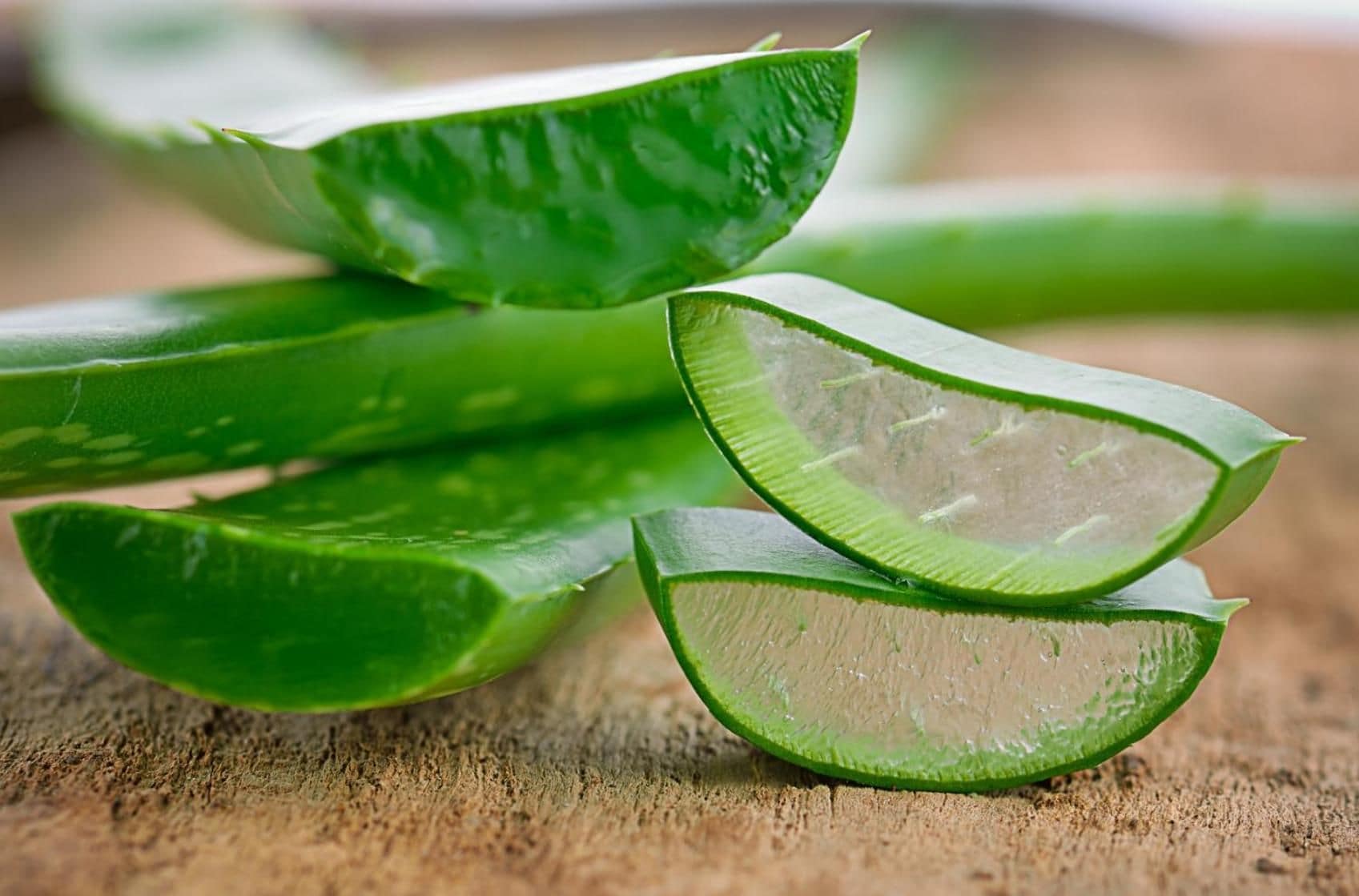 Feuilles d’aloe vera posées sur une surface en bois.
