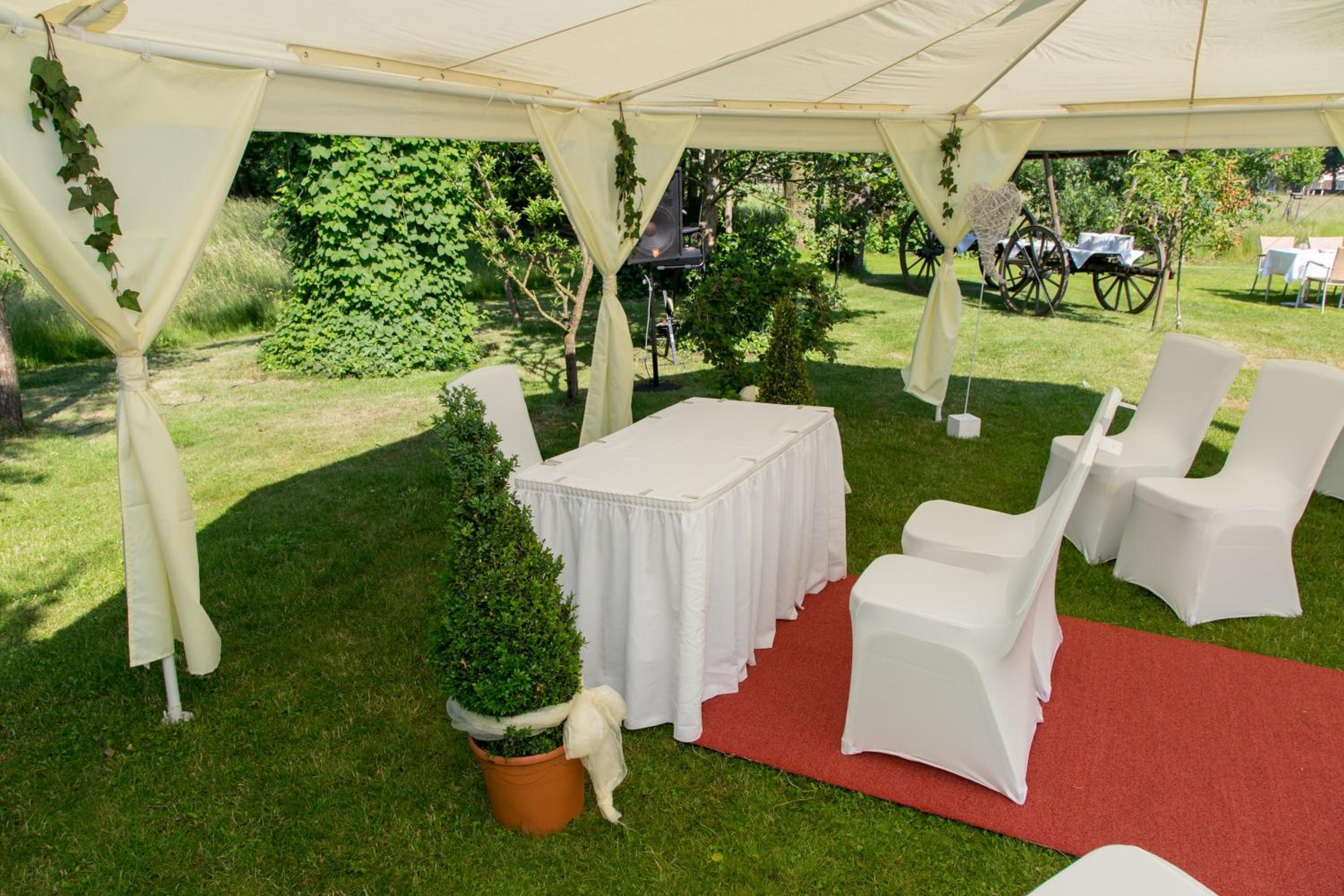 Ein mit Zelten überspanntes Außenbereich mit Tisch und Stühlen, einem roten Teppich und viel Grün.