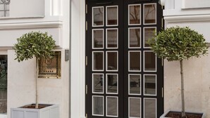 Une porte noire à deux battants, surmontée d’une arche décorative, et flanquée de deux plantes en pot.