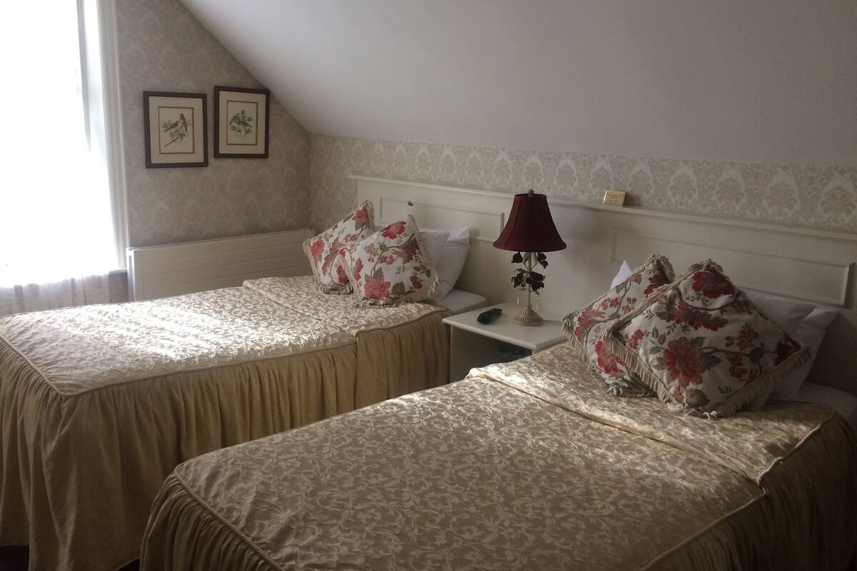 A room with two beds, each with floral bedding and a matching headboard. There is a nightstand with a lamp and a remote control between the beds.