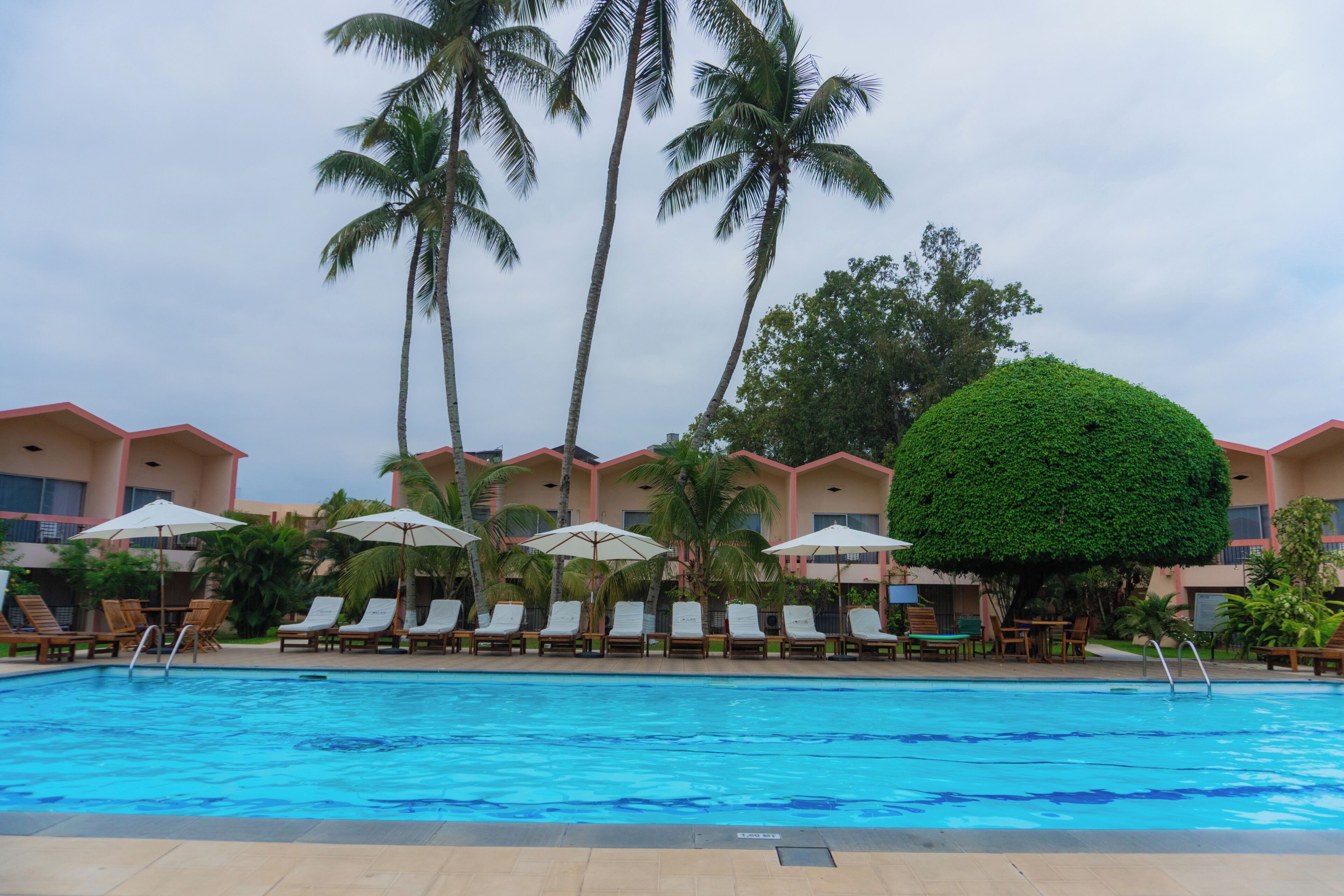 A swimming pool with lounge chairs and umbrellas, surrounded by palm trees and a building with a red roof.