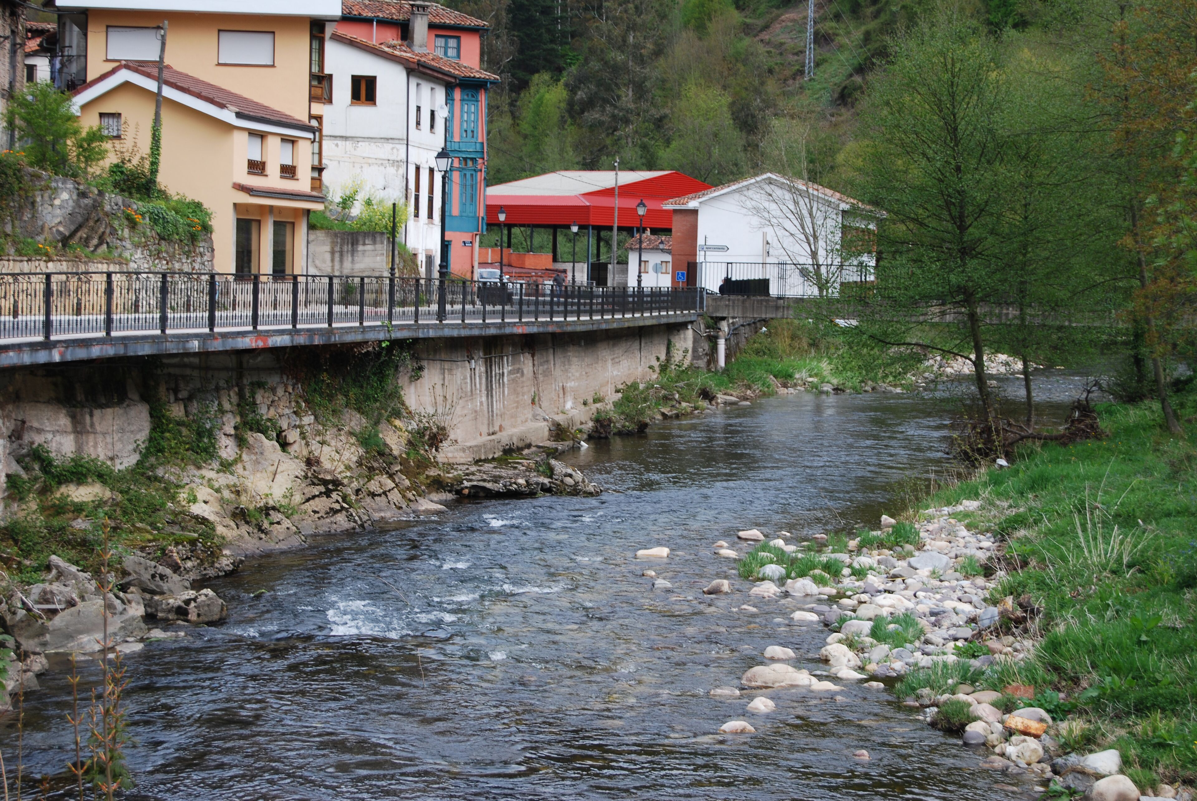 A river with a bridge, buildings, and a red-roofed structure.