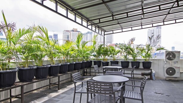 Una terraza en la azotea con plantas en macetas, mobiliario exterior y vistas al perfil urbano.