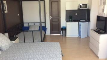 A compact room with bunk beds, a kitchenette, and a TV.