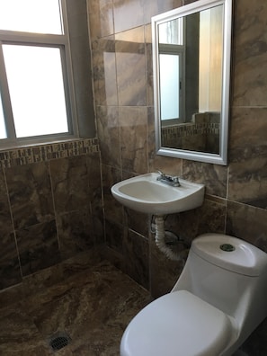Shower, free toiletries, towels