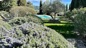 A garden with a swimming pool, various shrubs, and a stone pathway. - Mansion in Vaison-la-Romaine with Private Pool (Vaison la Romaine)