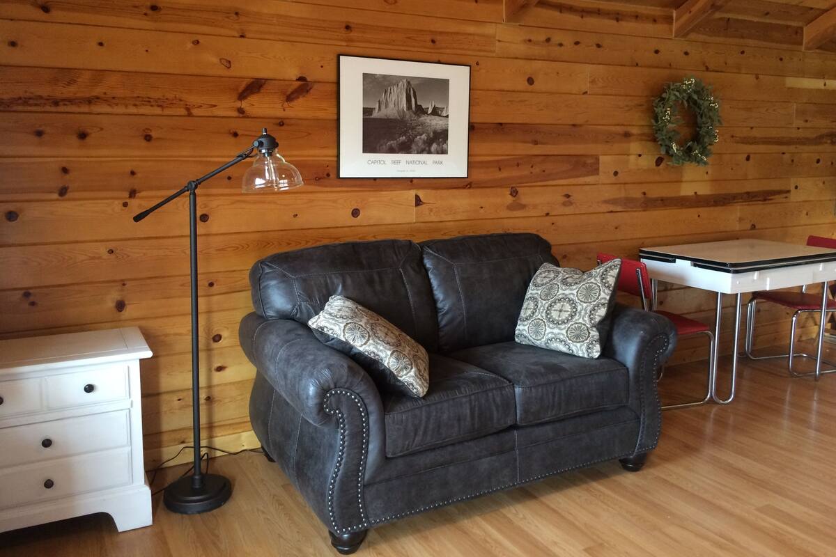 Cabin, 1 King Bed, Mountain View | Living area | 32-inch flat-screen TV with cable channels, TV
