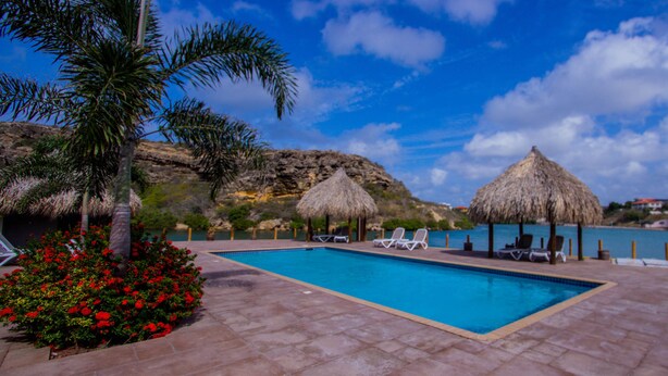 A swimming pool with lounge chairs and thatched umbrellas, surrounded by palm trees and a view of the sea. - Palapa Beach Resort (Jan Thiel)