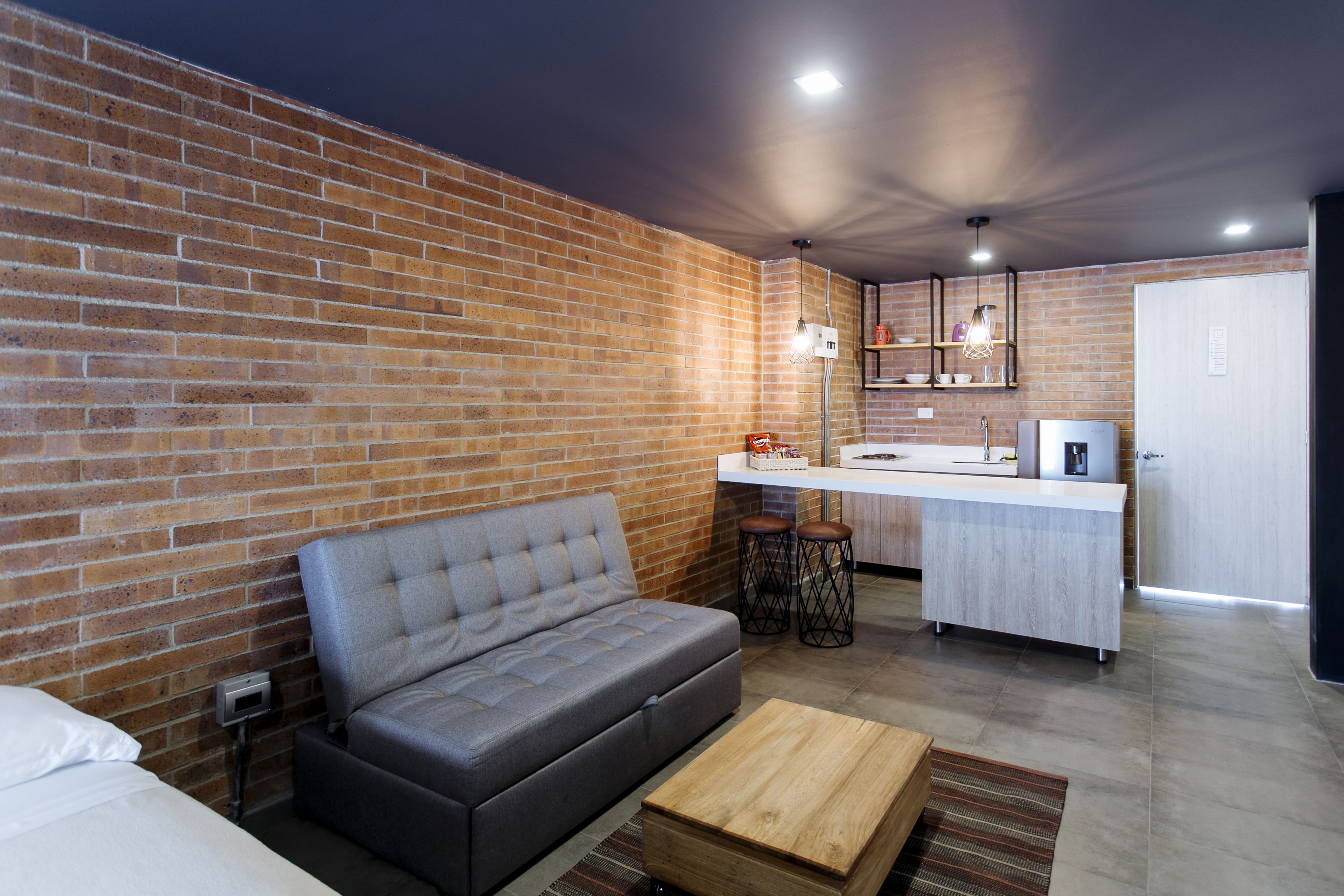 Une pièce moderne avec un mur en briques, un canapé gris, une table basse en bois, un petit coin cuisine équipé d’un évier et d’un plan de travail, et une porte donnant sur une autre pièce.